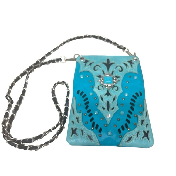 Western Turquoise Blue Studded Crossbody Purse Chain Strap Faux Leather Compact - Picture 1 of 15